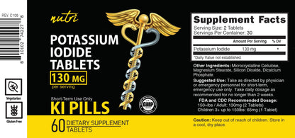 Potassium Iodide Tablets 130 mg - (60 Tablets) 10 Year Shelf-Life EXP 2034 to 2035 - Ki Pills - Yoduro de potasio - Nutri Supplements - 3rd Party Tested Nature's Fusions