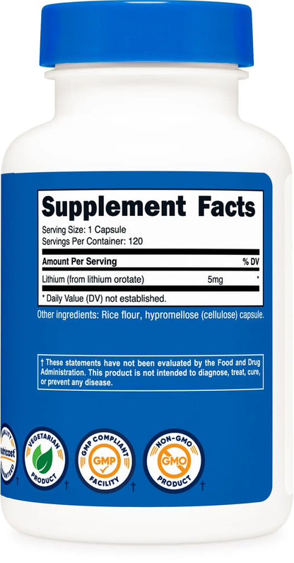 Nutricost Lithium Orotate 5mg, 120 Capsules - Veggie Caps, Non-GMO, Gluten Free Nutricost