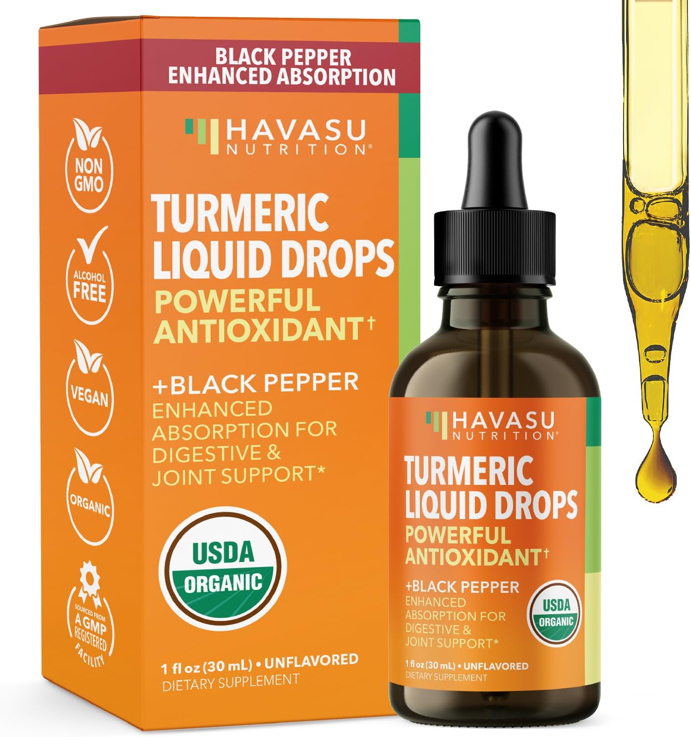 Organic Turmeric Supplement Liquid Drops, Unflavored,1 Fl Oz, 30 Servings | Liquid Turmeric with Black Pepper, USDA Certified, Vegan, Non-GMO 1000mg Curcumin for Movement and Immune Support Gsupps Australia