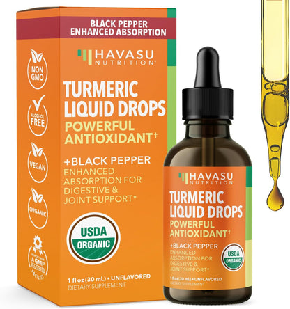 Organic Turmeric Supplement Liquid Drops, Unflavored,1 Fl Oz, 30 Servings | Liquid Turmeric with Black Pepper, USDA Certified, Vegan, Non-GMO 1000mg Curcumin for Movement and Immune Support Gsupps Australia