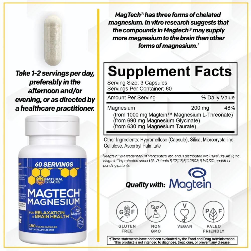 MagTech Magnesium Supplement - 3 Forms of Magnesium: Magtein L-Threonate, Glycinate & Taurate - 200mg Chelated Magnesium Complex NATURAL STACKS
