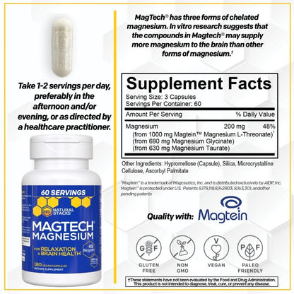 MagTech Magnesium Supplement - 3 Forms of Magnesium: Magtein L-Threonate, Glycinate & Taurate - 200mg Chelated Magnesium Complex NATURAL STACKS