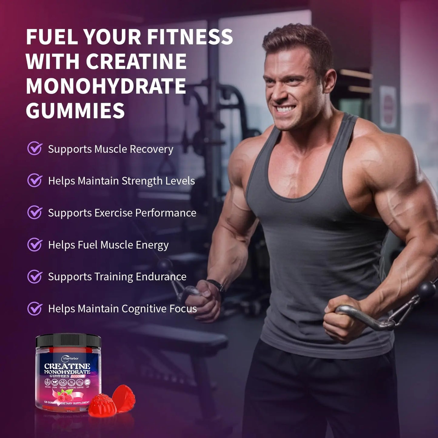 Creatine Monohydrate Gummies 5000mg for Men & Women, Organic Pure Creatine Gummies | Sugar Free,Vegan, Non-GMO,Raspberry Flavor, 120 Count VitaHarbor