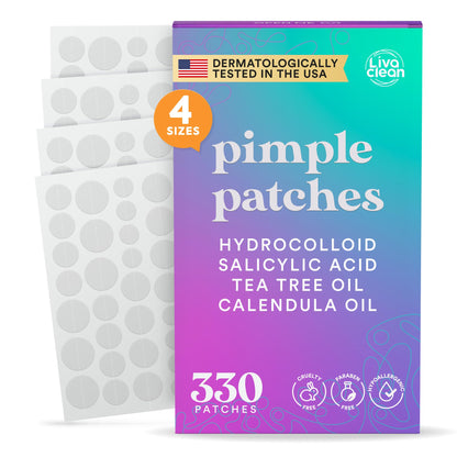 LivaClean 330 CT Pimple Patches for Face w/Salicylic Acid, Tea Tree Oil & Calendula Oil - Four Sizes - Pimple Patch, Hydrocolloid Patch, Acne Patches for Face LivaClean