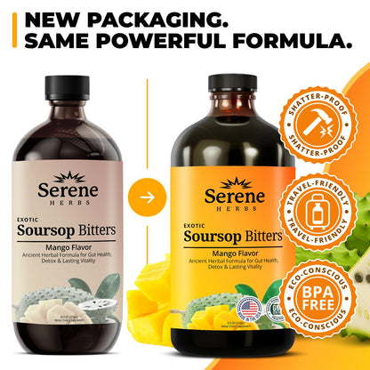 Serene Herbs Soursop Bitters Liquid with Soursop Leaves for Gut Cleanse, Detox & Immune Boost with Black Seed, Moringa, Irish Moss, Ashwaganda, Turmeric, 16 fl oz (16 Fl, Soursop)