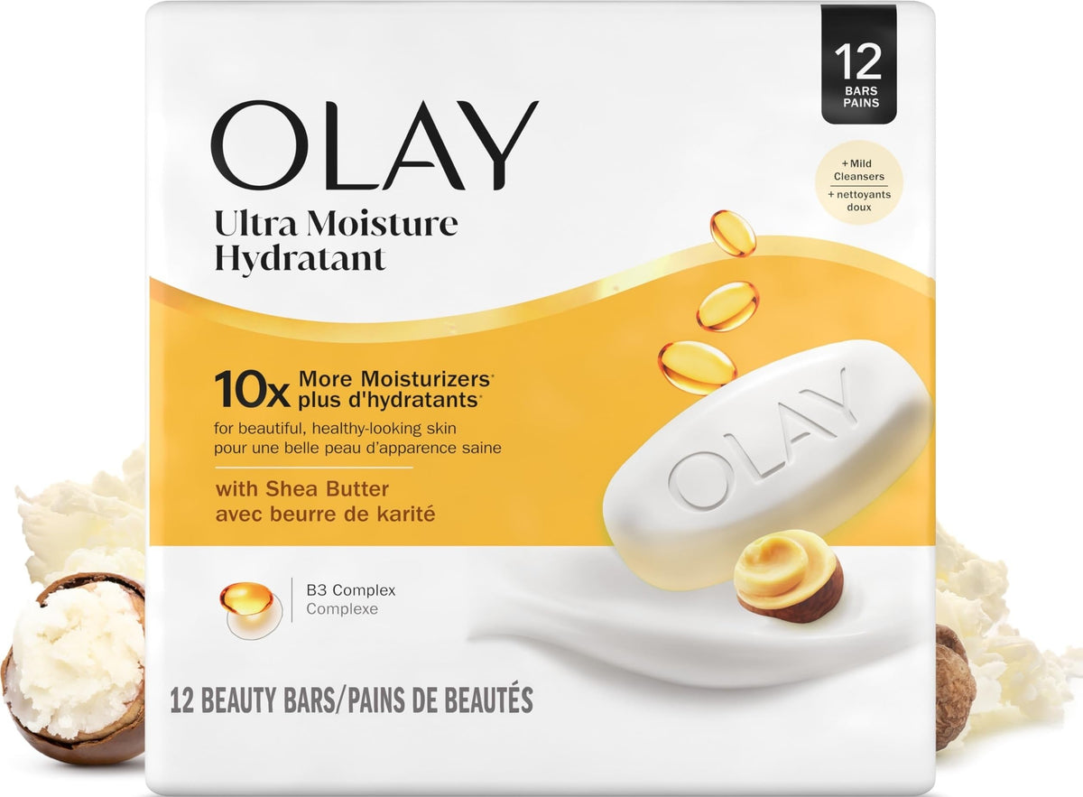 Olay Beauty Bar, Ultra Moisture,10x More Moisturizers, Nourishing Conditioners, Smooth & Gentle on Skin, Vitamin B3 Complex, For All Skin Types, Shea Butter Scent, 3.17 oz, (Pack of 12) Olay