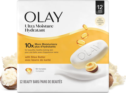 Olay Beauty Bar, Ultra Moisture,10x More Moisturizers, Nourishing Conditioners, Smooth & Gentle on Skin, Vitamin B3 Complex, For All Skin Types, Shea Butter Scent, 3.17 oz, (Pack of 12) Olay