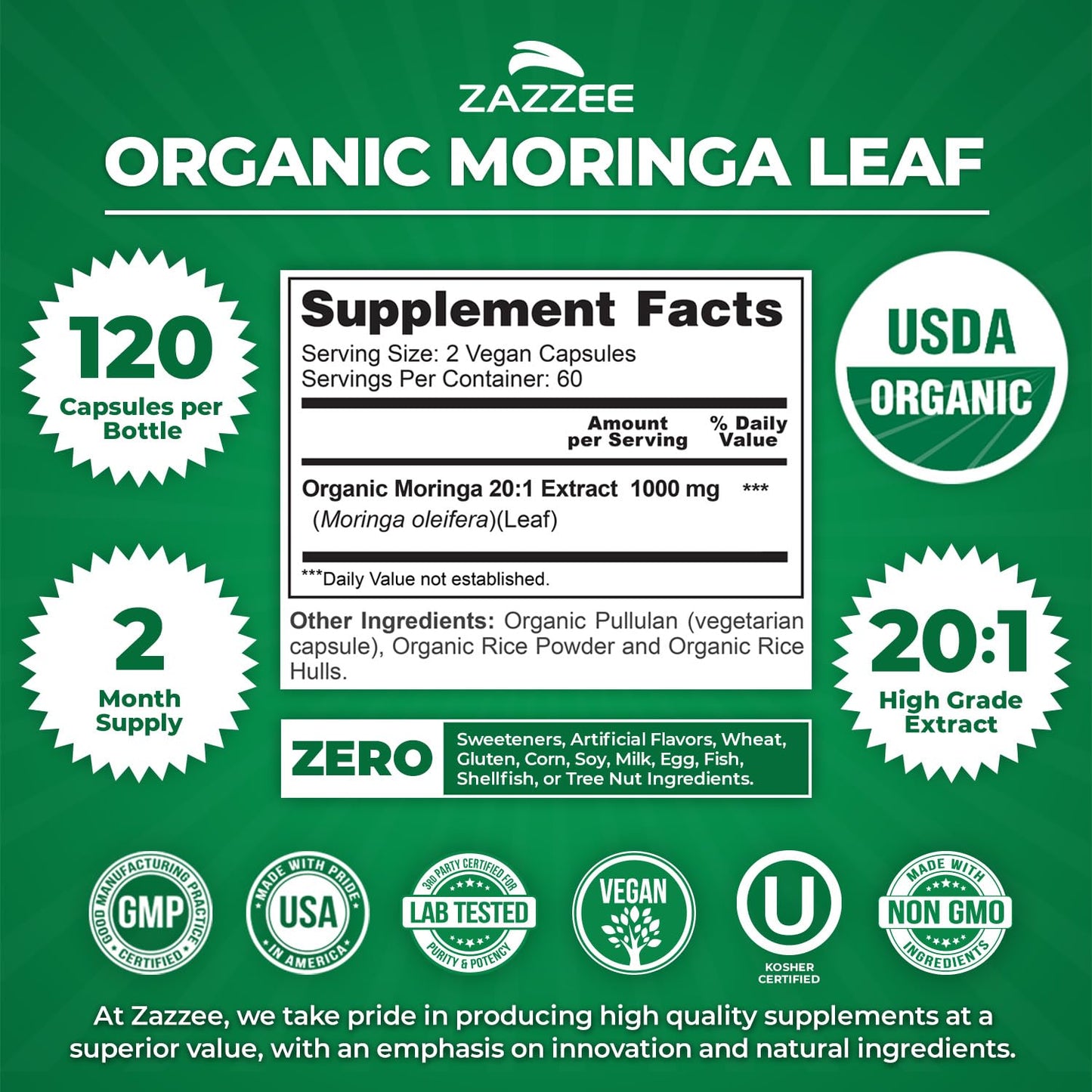 Zazzee USDA Organic Moringa Leaf 20:1 Extract, 180 Vegan Capsules | 3 Month Supply, Certified Kosher, Moringa Oleifera, Antioxidant, Immune & Cellular Support, Superfood Supplement, Made in USA Gsupps Australia