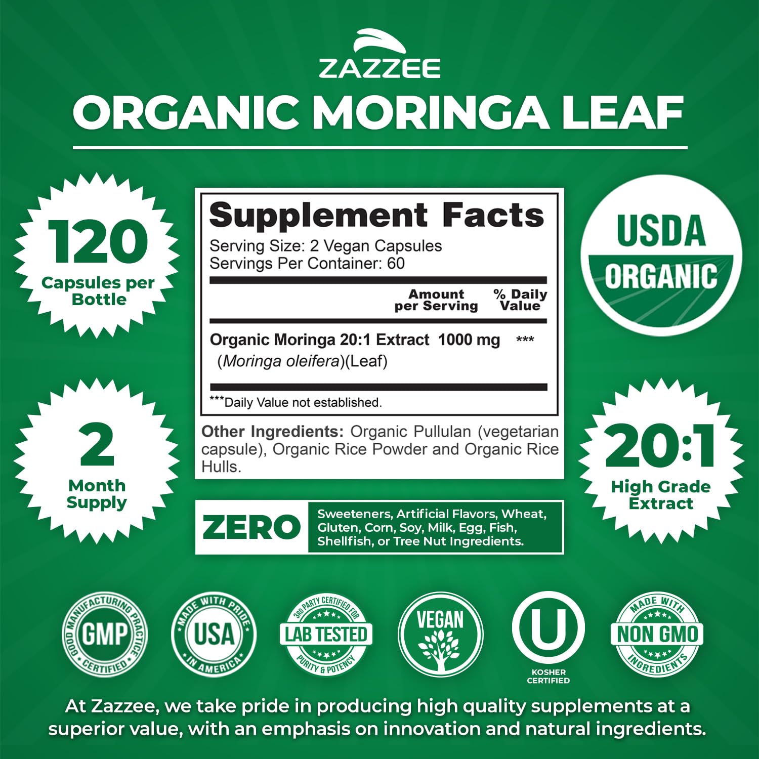 Zazzee USDA Organic Moringa Leaf 20:1 Extract, 180 Vegan Capsules | 3 Month Supply, Certified Kosher, Moringa Oleifera, Antioxidant, Immune & Cellular Support, Superfood Supplement, Made in USA Gsupps Australia