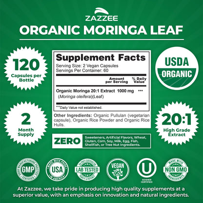 Zazzee USDA Organic Moringa Leaf 20:1 Extract, 180 Vegan Capsules | 3 Month Supply, Certified Kosher, Moringa Oleifera, Antioxidant, Immune & Cellular Support, Superfood Supplement, Made in USA Gsupps Australia