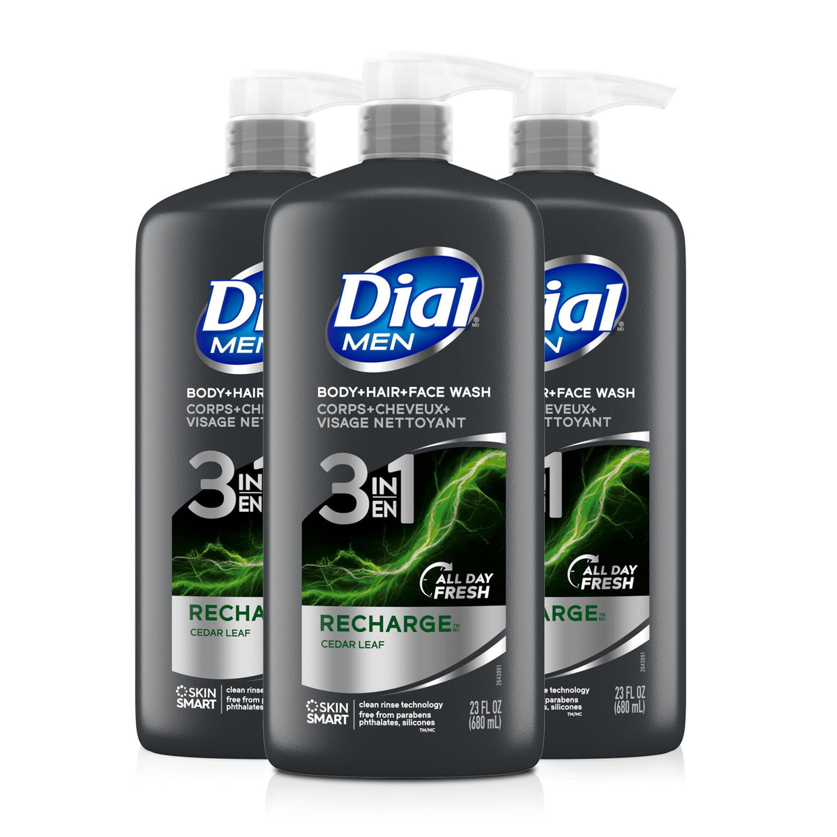 Dial Men 3-in-1 Body, Hair and Face Wash, Recharge, 23 Fl Oz, 3-Pack Dial