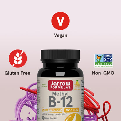Jarrow Formulas Methyl Vitamin B-12 1000 mcg, 100 Chewable Tablets, Lemon Flavored- Bioactive B12 Vitamin - Supports Cellular Energy Production Jarrow Formulas
