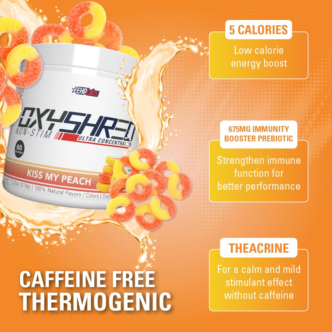 EHP Labs OxyShred Non Stimulant Pre Workout Powder - Stim Free Pre Workout, Caffeine Free Preworkout for Men & Women with L Glutamine & Acetyl L Carnitine - Peach, 60 Servings EHP Labs buy australia supplements