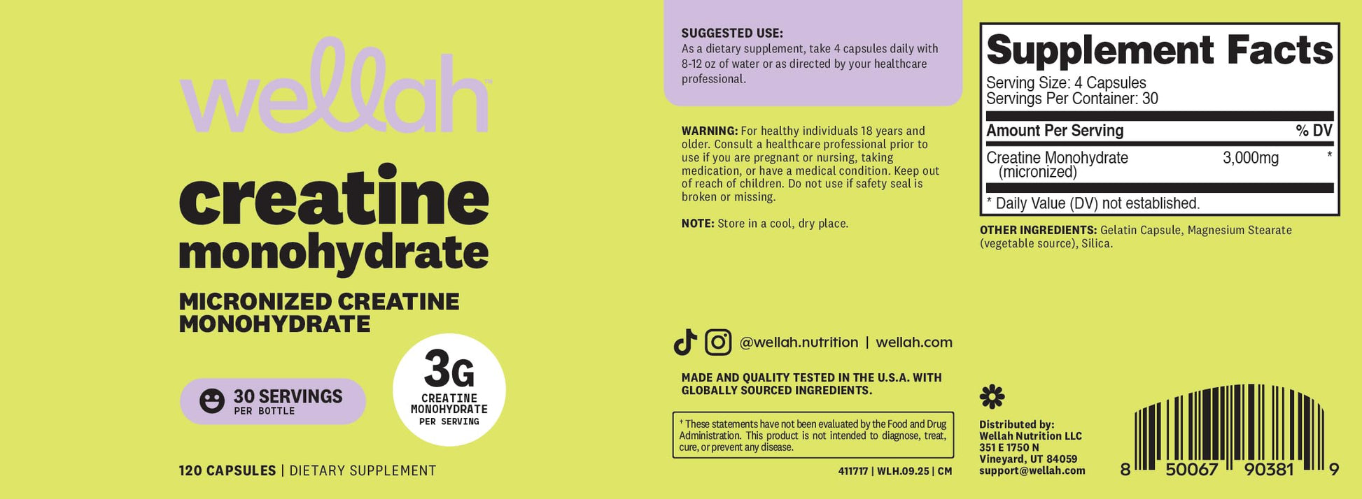 Wellah Creatine Monohydrate Capsules (3000 mg) 120 Capsules - Micronized Creatine, 30 Servings Wellah buy australia supplements