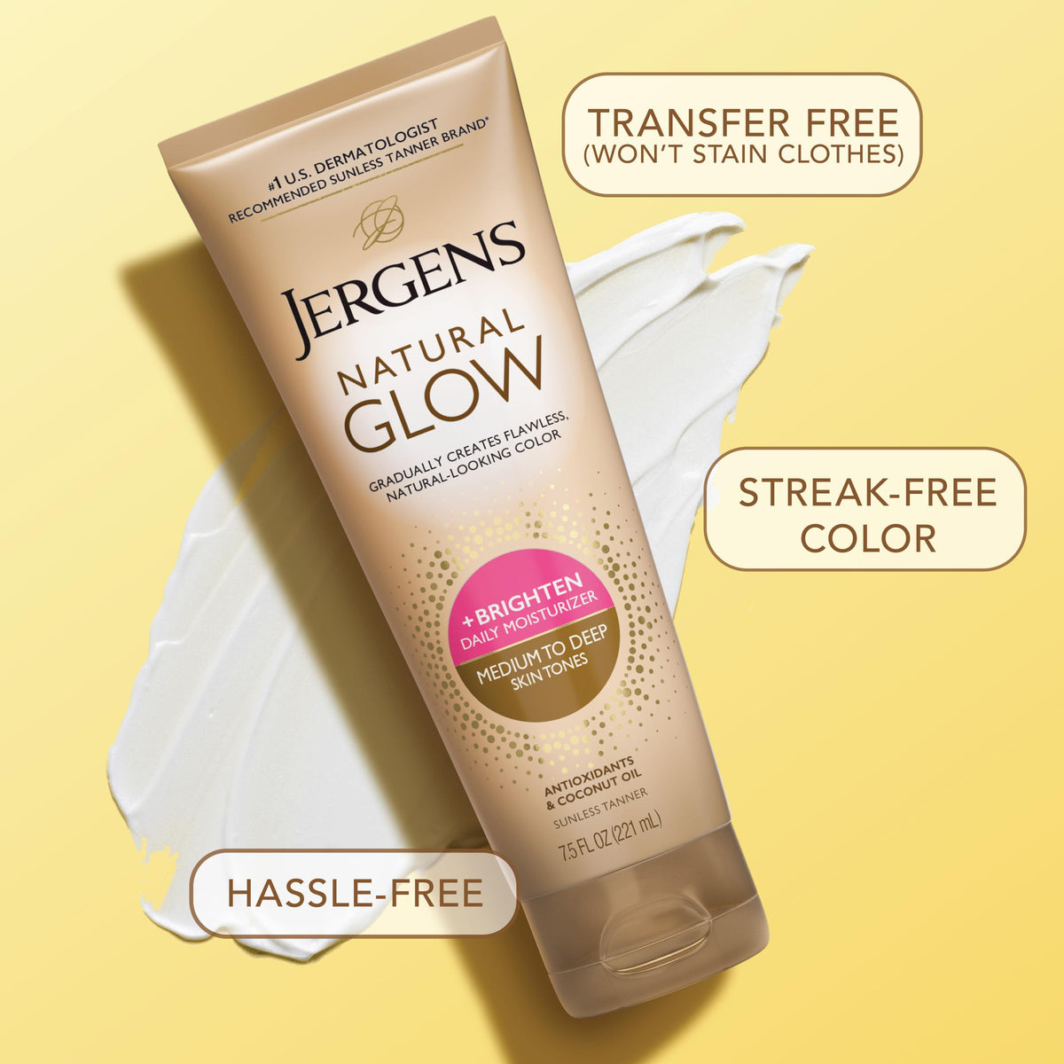 Jergens Natural Glow Self Tanner Body Lotion, Sunless Tanning, Medium to Deep Skin Tone, Daily Moisturizer with Coconut Oil, Vitamin E and Antioxidants, 7.5 Oz Jergens