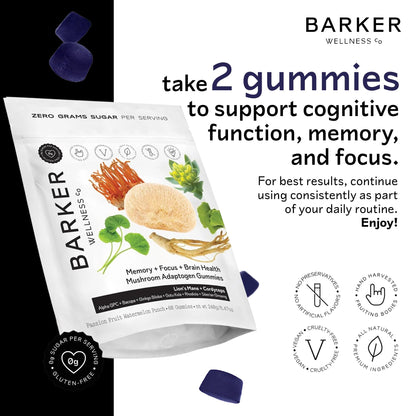 Barker Wellness Mushroom Adaptogen Gummies for Memory & Focus, Brain Health Supplement with Lion's Mane, Cordyceps, Cognizin, Vegan, Sugar-Free Passion Fruit Watermelon Flavor- 60 Count Barker Wellness Co