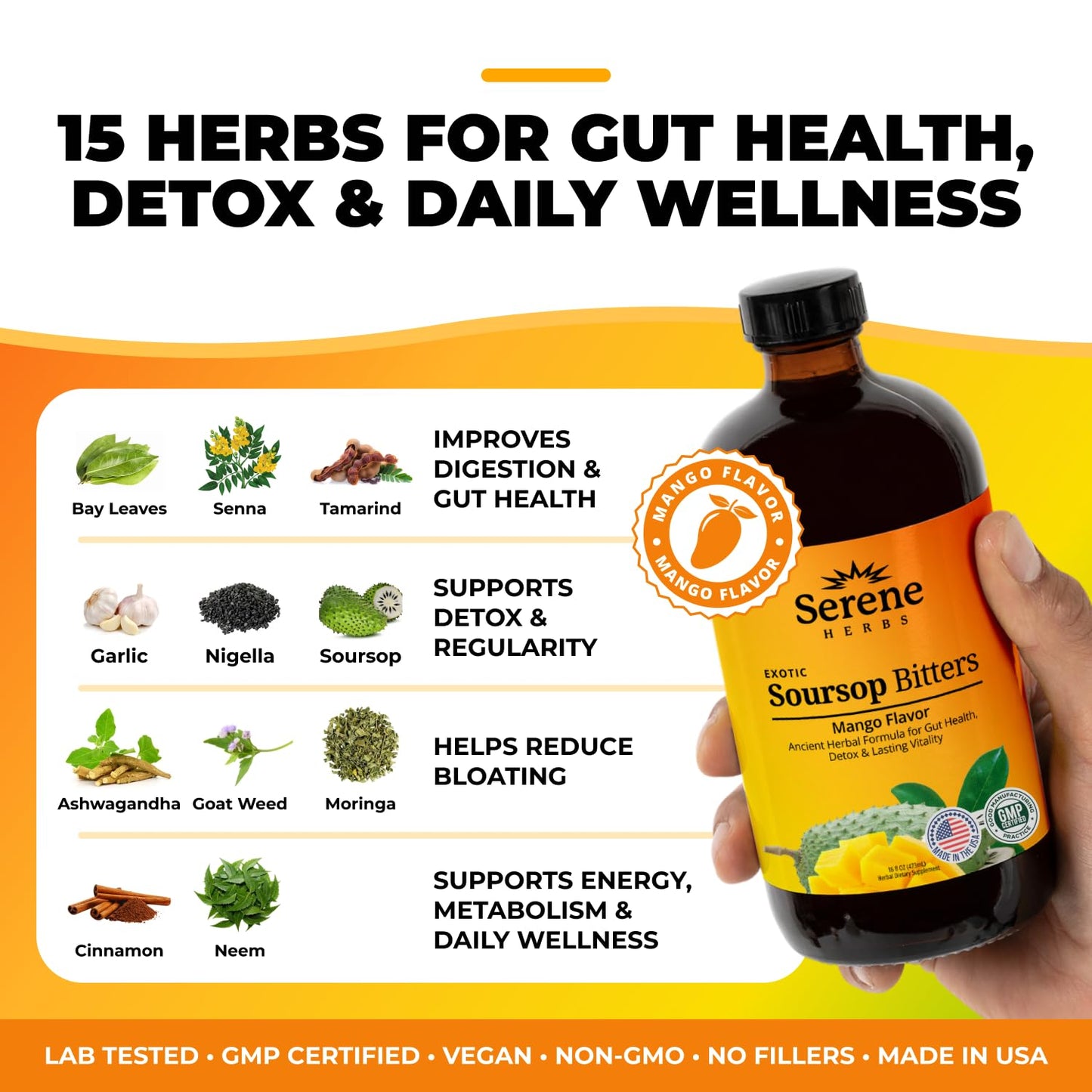 Serene Herbs Soursop Bitters Liquid with Soursop Leaves for Gut Cleanse, Detox & Immune Boost with Black Seed, Moringa, Irish Moss, Ashwaganda, Turmeric, 16 fl oz (16 Fl, Soursop)