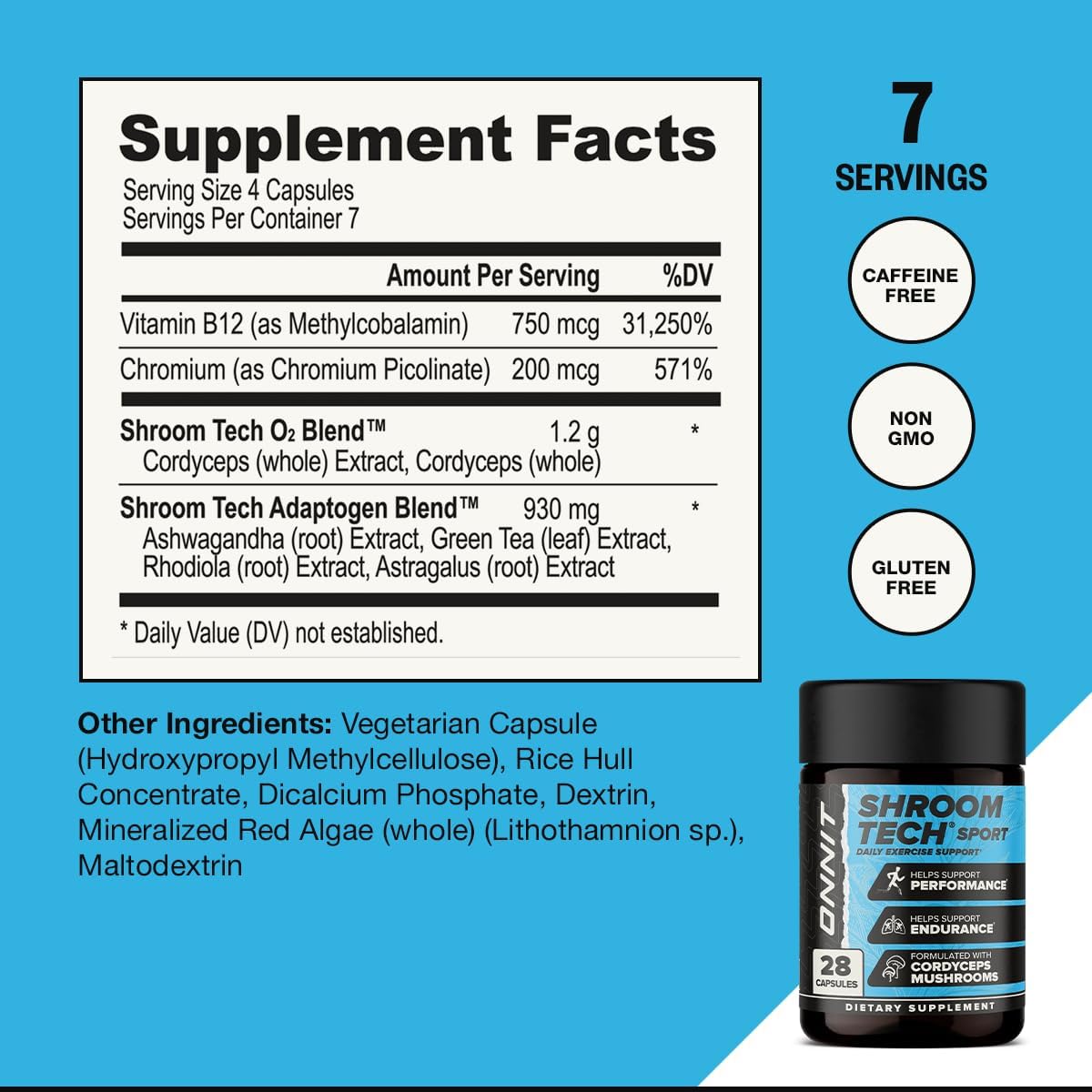 ONNIT Shroom Tech Sport Daily Exercise Support Capsules, Pre Workout Supplement with Cordyceps Mushrooms, Caffeine-Free Dietary Supplement for Daily Energy Support, 28 Count