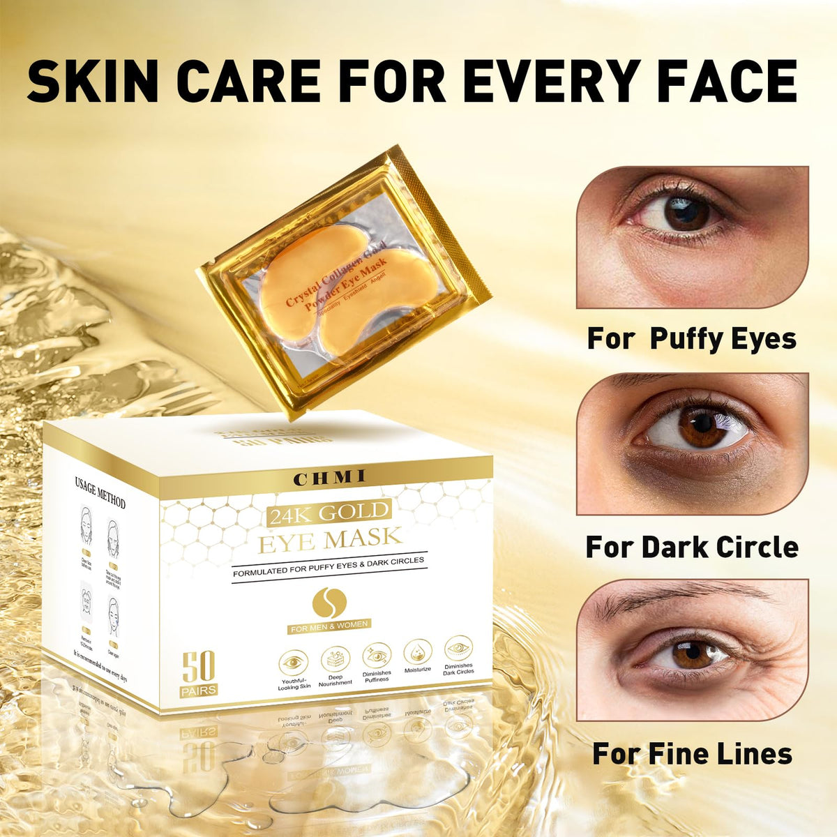 CHMI 24K Gold Under Eye Patches 50 Pairs Collagen, Dark Circles, Wrinkles CHMI