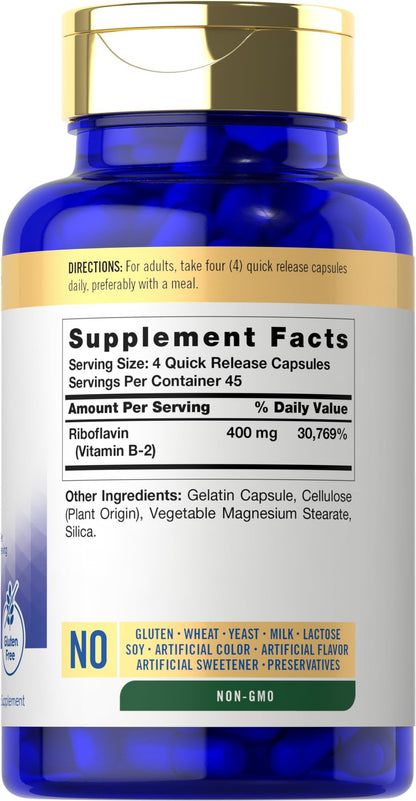 Carlyle Vitamin B-2 400mg | 180 Count | Non-GMO, Gluten Free Supplement | B2 Riboflavin Carlyle