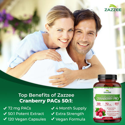 Zazzee Cranberry PACs 72 mg per Capsule, 50:1 Extract, 120 Vegan Capsules, 2X Strength, 4 Month Supply, Fast-Acting, Effective Urinary Tract & Bladder Support Zazzee
