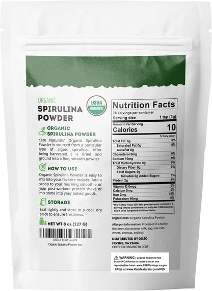 Kate Naturals Organic Spirulina Powder for Immune Support and Antioxidants. Nutrient Dense Superfood Supplement Kate Naturals