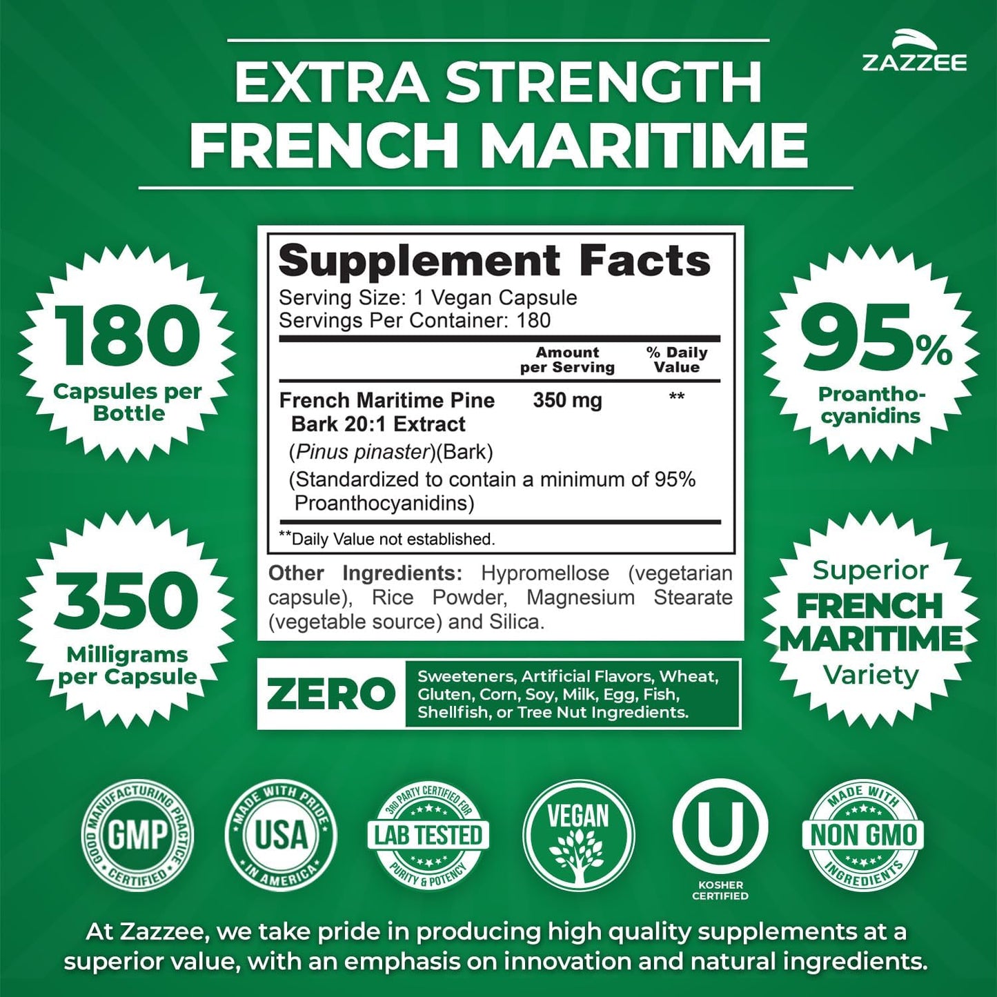 Zazzee Extra Strength French Maritime Pine Bark Extract 20:1, 180 Capsules | 350 mg Per Capsule, 95% Proanthocyanidins, Vegan, 6 Month Supply, Certified Kosher, Antioxidant Support, Non-GMO, Made in USA Gsupps Australia