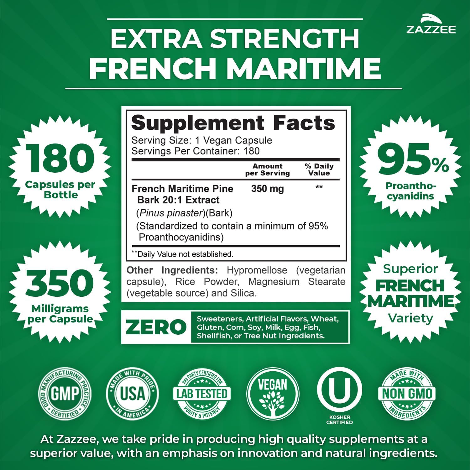 Zazzee Extra Strength French Maritime Pine Bark Extract 20:1, 180 Capsules | 350 mg Per Capsule, 95% Proanthocyanidins, Vegan, 6 Month Supply, Certified Kosher, Antioxidant Support, Non-GMO, Made in USA Gsupps Australia