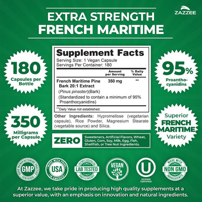 Zazzee Extra Strength French Maritime Pine Bark Extract 20:1, 180 Capsules | 350 mg Per Capsule, 95% Proanthocyanidins, Vegan, 6 Month Supply, Certified Kosher, Antioxidant Support, Non-GMO, Made in USA Gsupps Australia