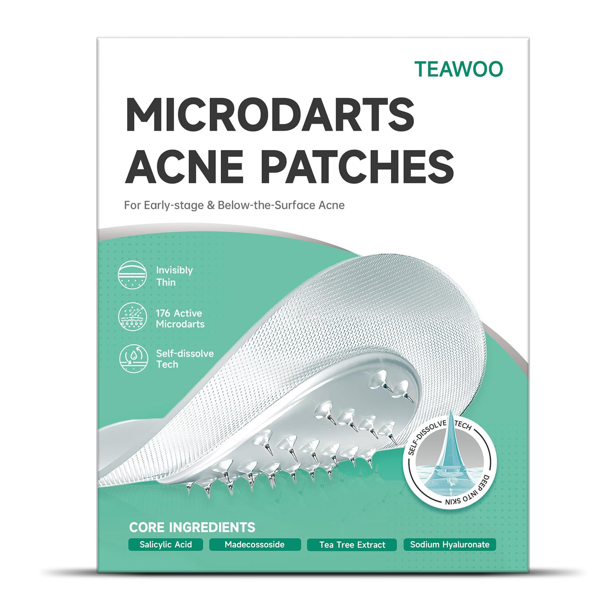 TEAWOO 36-Count Microdart Pimple Patches, Hydrocolloid Acne Patches with Salicylic Acid & Madecossoside, Microdart Zit Patches for Deep Blemishes & Early Stage Acne (Patented) TEAWOO