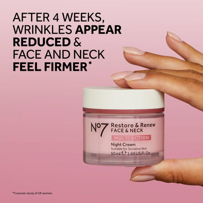 No7 Restore & Renew Multi Action Night Cream for Face & Neck - Nighttime Face Moisturizer with Collagen Peptides No7