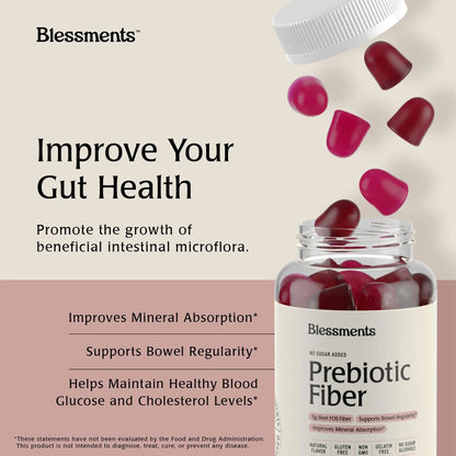 Blessments - Prebiotic Fiber Gummies for Adults & Kids with No Added Sugar- 5g (60 Count) High Fiber Supplement Gummies - Vegan - Keto Friendly - Digestive Health Supplements Blessments