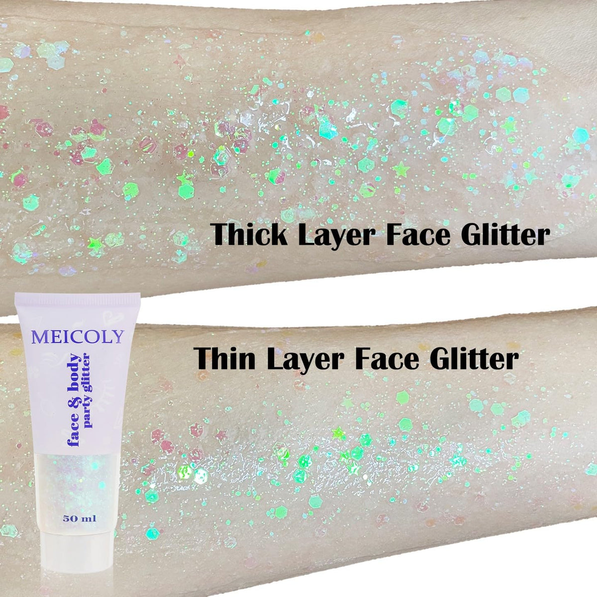 MEICOLY Clear White Face Body Glitter,Mardi Gras Face Glitter Makeup for Kids Women,Face Glitter for Running Half Marathon,Sparkly Mermaid Hair Glitter,Singer Concert Festival Rave Accessories MEICOLY