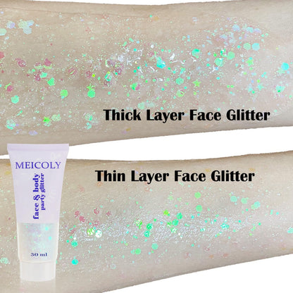 MEICOLY Clear White Face Body Glitter,Mardi Gras Face Glitter Makeup for Kids Women,Face Glitter for Running Half Marathon,Sparkly Mermaid Hair Glitter,Singer Concert Festival Rave Accessories MEICOLY