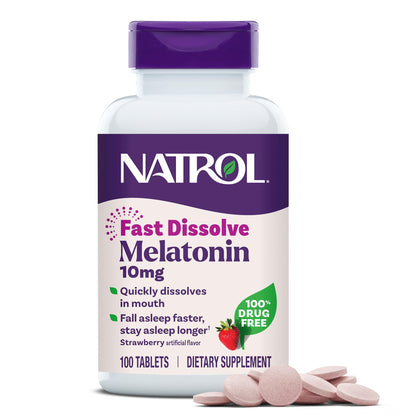 Natrol Melatonin 10mg Fast Dissolve Tablets - Strawberry Flavor, 100 Count, Sleep Support, Fast Dissolve Melatonin for Adults, 100-Day Supply Natrol
