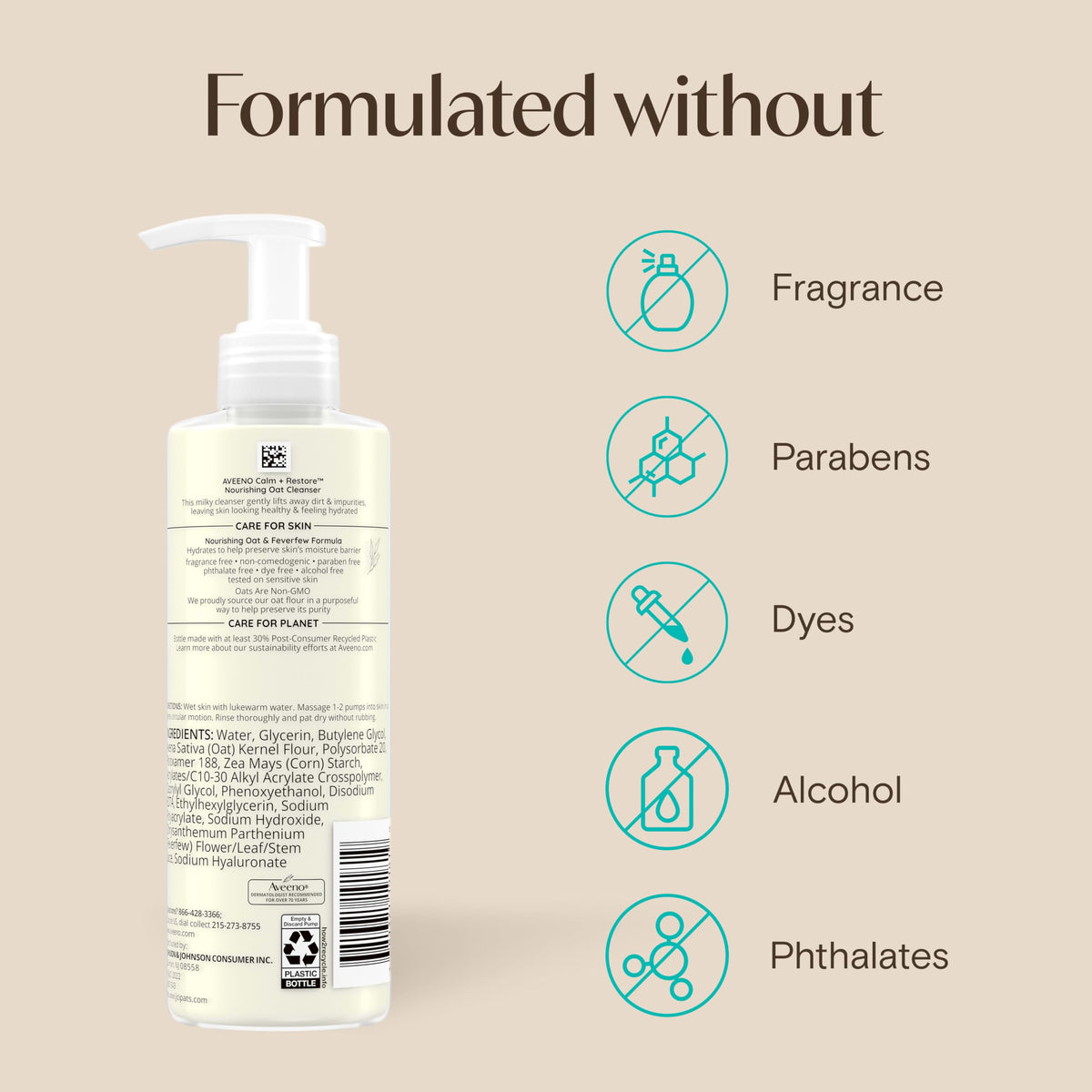 Aveeno Calm + Restore Nourishing Oat Face Cleanser, Daily Hydrating Facial Cleanser for Sensitive Skin with Nourishing Oat & Feverfew, Hypoallergenic, Non-Comedogenic, Fragrance-Free, 7.8 Fl Oz Aveeno