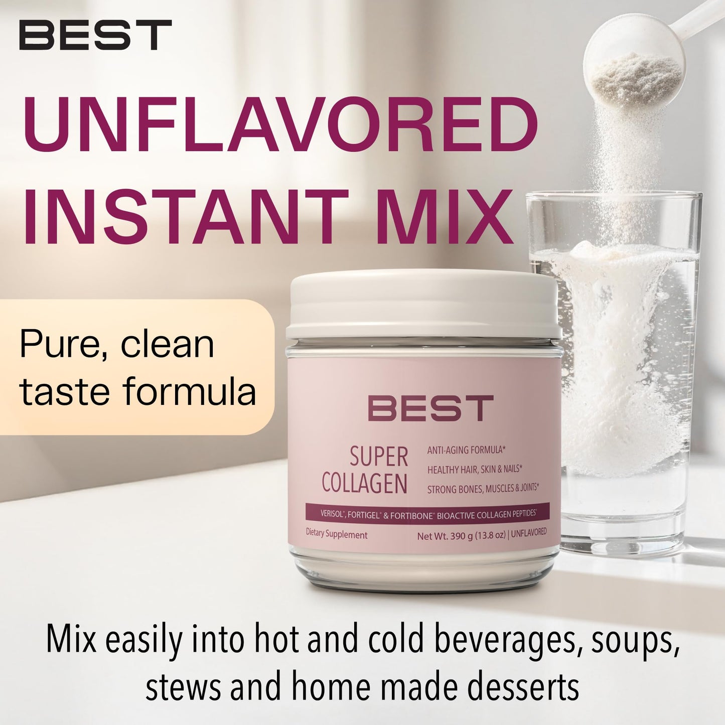 FORTIBONE® Collagen - 3 Clinically-Supported Bioactive Collagen Peptides with FORTIBONE®, FORTIGEL®, VERISOL® Unflavored Collagen for Women - Reduce Wrinkles, BEST Supplements