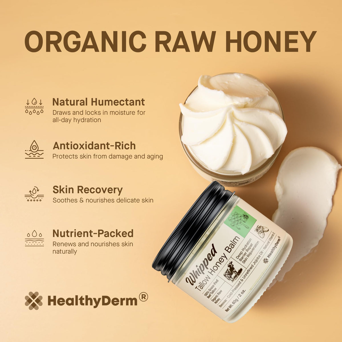 Beef Tallow Honey Balm for Skin: 100% Grass Fed Whipped Organic Moisturizer with Organic Raw Honey, Jojoba Oil, Vitamin E – Natural Face and Body Care for Mature, Dry or Sensitive Skin, 2oz HealthyDerm