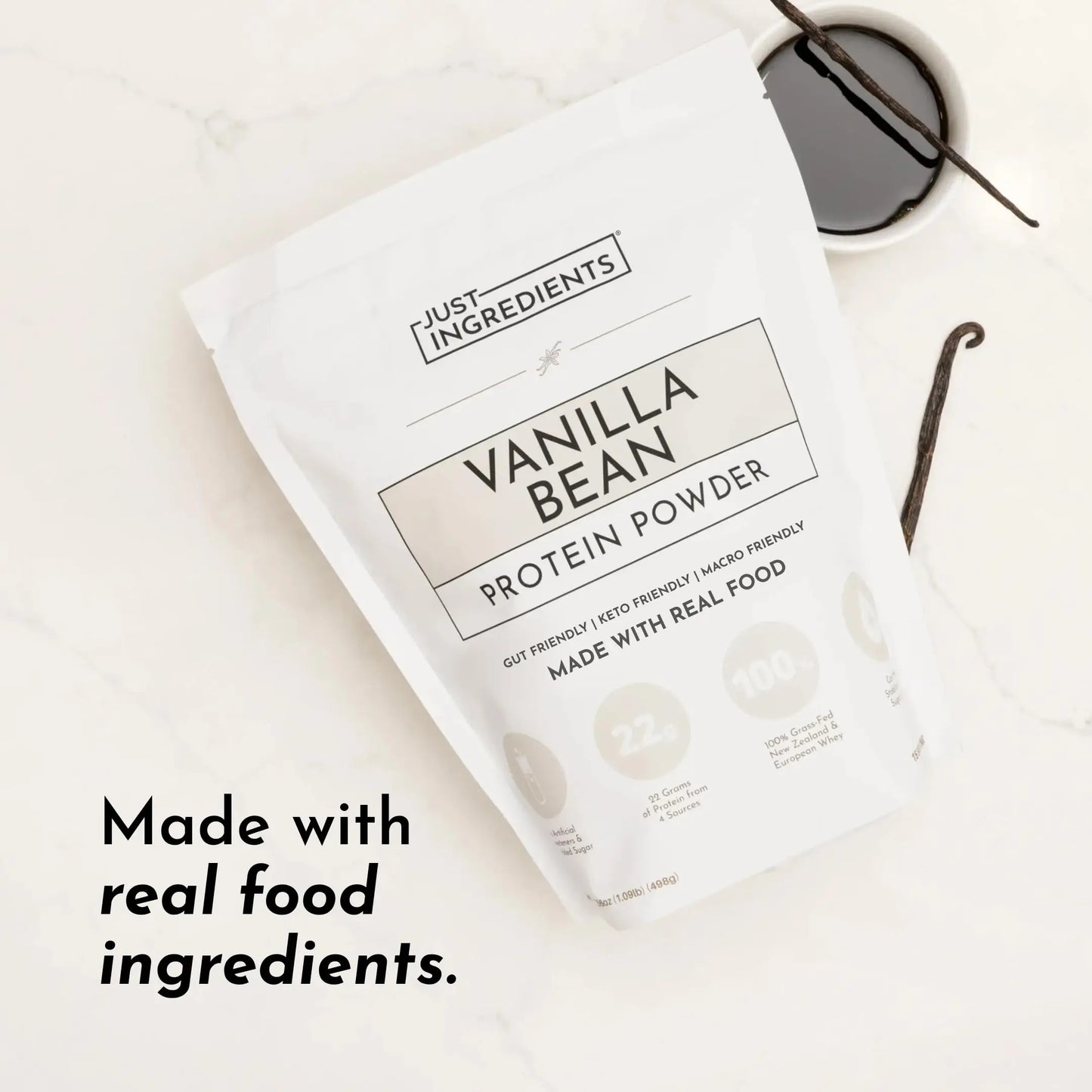 JUST INGREDIENTS Vanilla Protein Powder - Grass-Fed Whey Blend, Organic, Gluten Free, Dairy Free, Soy Free - 15 Servings, 22g Protein JUST INGREDIENTS
