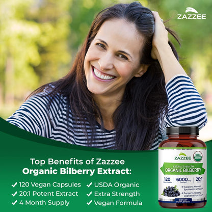 Zazzee USDA Organic Bilberry 20:1 Extract, 120 Capsules, 4 Month Supply | Vegan, Vaccinium Myrtillus, Eye Health, Vision & Antioxidant Support, All-Natural, Non-GMO, Made in the USA Gsupps Australia