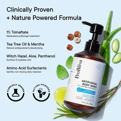 Antifungal Body Wash Treatment Soap – Antibacterial Wash for Jock Itch, Ringworm, Back Acne, Tinea & Foot Odor – Medicated Skin Relief Cleanser Gel with Tea Tree Oil & Tolnaftate for Men and Women ProBliva