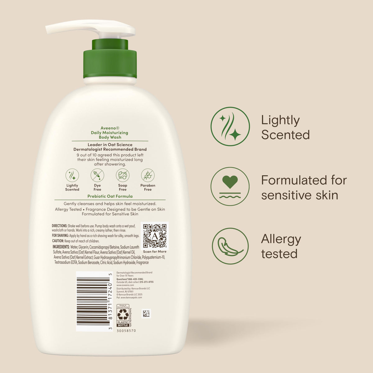 Aveeno Daily Moisturizing Body Wash for Normal to Dry Skin, Sensitive Formula with Prebiotic Oat, Gently Cleanses Dry Skin, Lightly Scented Body Wash for Women and Men, Value Size 33 fl. Oz Aveeno