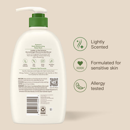Aveeno Daily Moisturizing Body Wash for Normal to Dry Skin, Sensitive Formula with Prebiotic Oat, Gently Cleanses Dry Skin, Lightly Scented Body Wash for Women and Men, Value Size 33 fl. Oz Aveeno