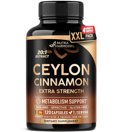 Ceylon Cinnamon Capsules - Extra Strength - Energy, Heart & Metabolism Support - for Men & Women - Pure Natural Extract 20:1 Supplement - Made in USA - NUTRAHARMONY
