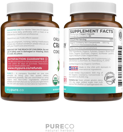 Organic Cranberry Pills - Vegan Supplement for Urinary Tract Health & Kidney Cleanse - Cranberry Pills for Women 500mg 50:1 Cranberry Concentrate Per Serving PURE CO