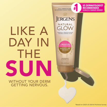 Jergens Natural Glow Self Tanner Body Lotion, Sunless Tanning, Medium to Deep Skin Tone, Daily Moisturizer with Coconut Oil, Vitamin E and Antioxidants, 7.5 Oz Jergens