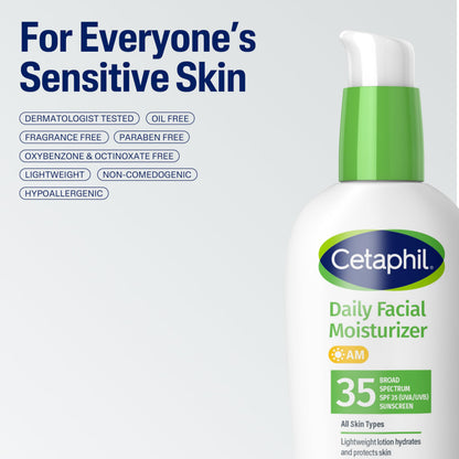 Cetaphil Daily Oil-Free Facial Moisturizer with Sunscreen, SPF 35, Fragrance Free, 3 fl oz (88 ml) Cetaphil