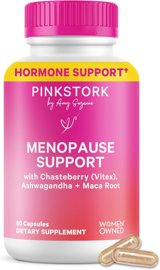 Pink Stork Menopause Support for Women, 60 Capsules | Hot Flash, Mood, Sleep, Weight, Cortisol & Hormonal Balance, Vegan, Estrogen-Free Perimenopause Support, Ashwagandha + Maca
