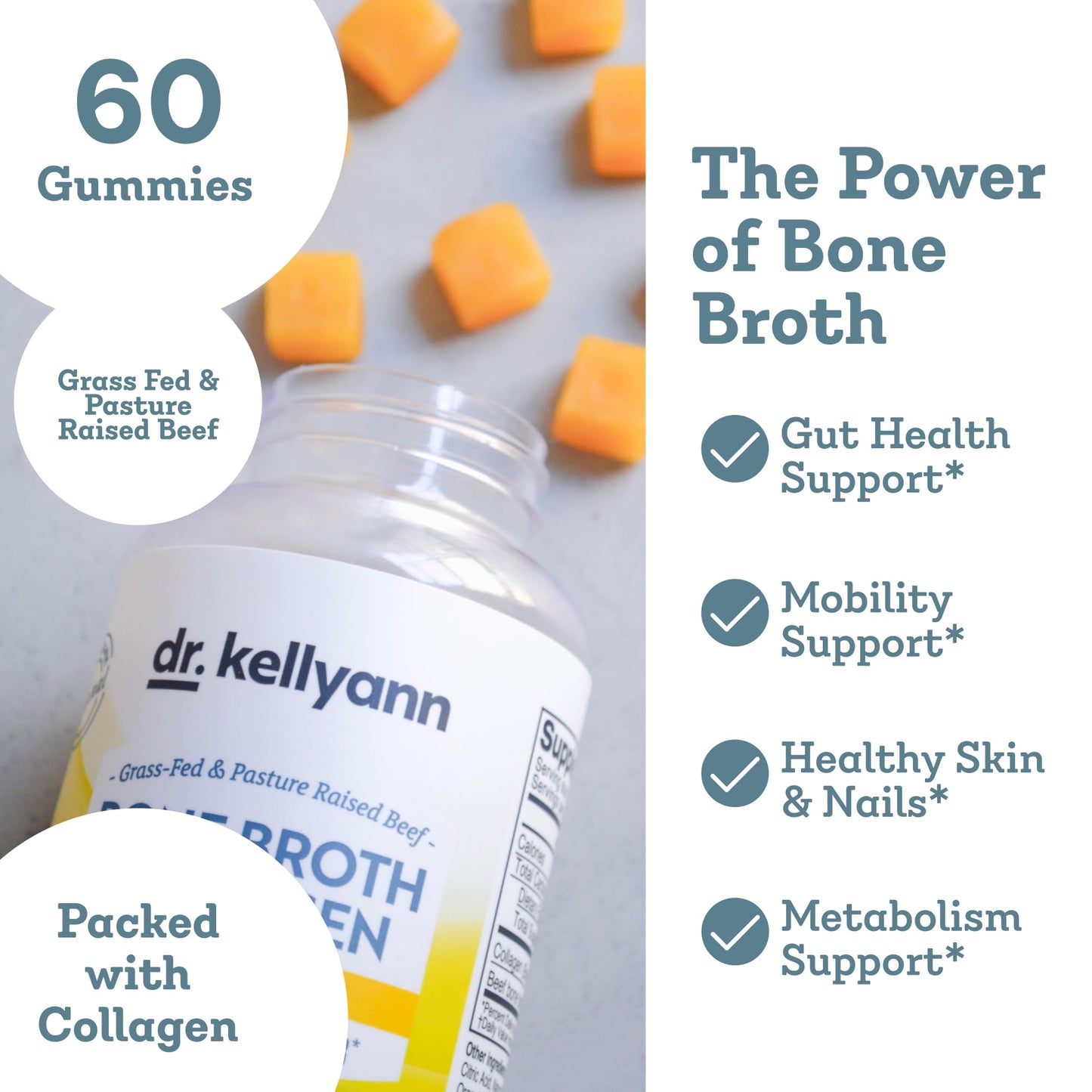 Dr. Kellyann Collagen + Bone Broth Gummies, Lemon | Gut, Skin, Joint & Hair Support | Grass-Fed Beef | Non-GMO, Dairy-Free, Soy-Free | 60 Gummies Dr. Kellyann