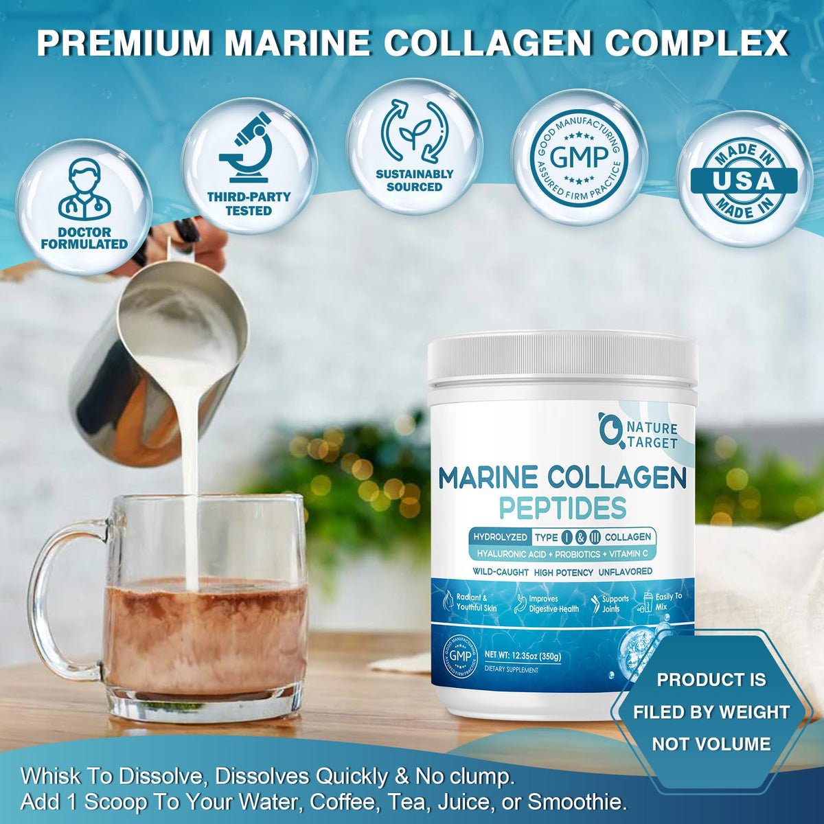 NATURE TARGET Marine Collagen Peptides Powder - Type I & III Collagen with Probiotics, Vitamin C & Hyaluronic Acid for Skin, Hair, Nails NATURE TARGET